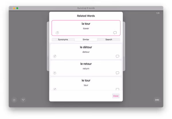 Screenshot der Verwandte Wörter Ansicht mit dem Tab für ähnliche Wörter