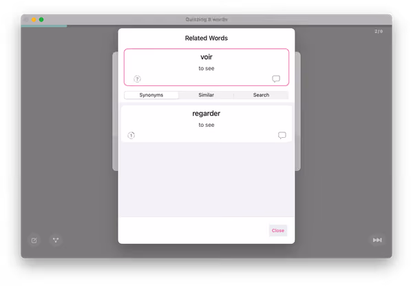 Screenshot der Verwandte Wörter Ansicht mit dem Tab für Synonyme