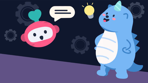 Illustration d’un petit radis robot qui flotte dans les airs et parle à un haetae.