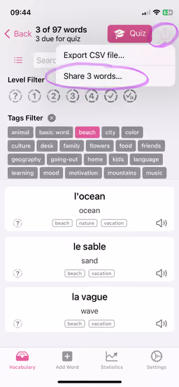 Screenshot of Wokabulary, with highlighting on the Share toolbar button