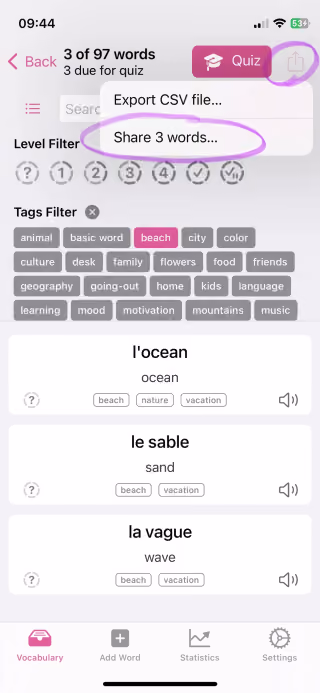 Screenshot der kostenlosen CSV-Wortliste für mehrere Sprachen in Wokabulary