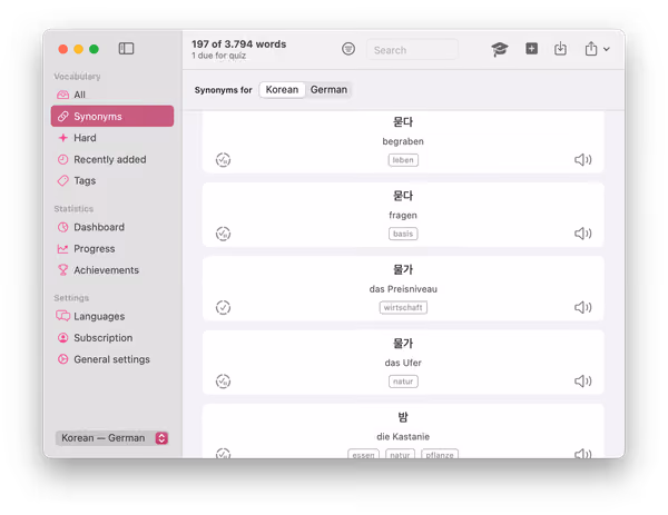 Screenshot of the Wokabulary synonyms filter view