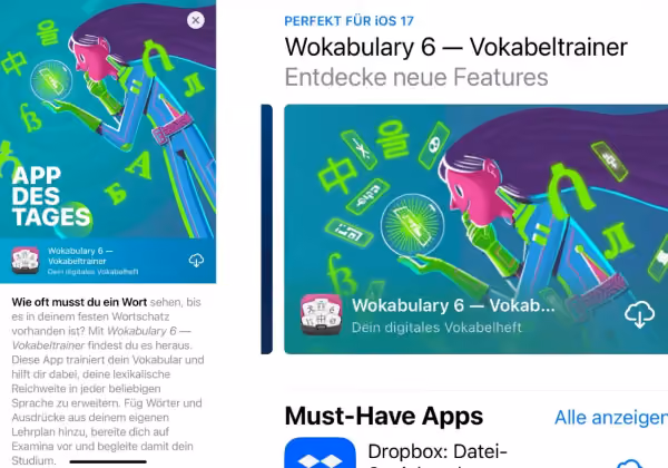 Screenshot des Wokabulary features im App Store mit einem artwork, das eine Person umgeben von Buchstaben zeigt.