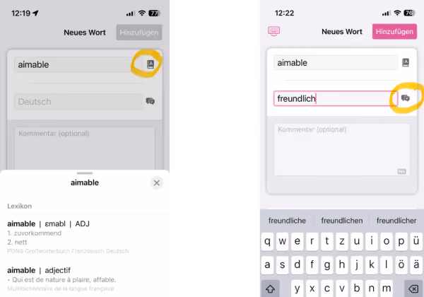 Screenshot des der Ansicht für neue Wörter in Wokabulary mit hervorgehobenen Buttons zum Nachschlagen und Übersetzen.