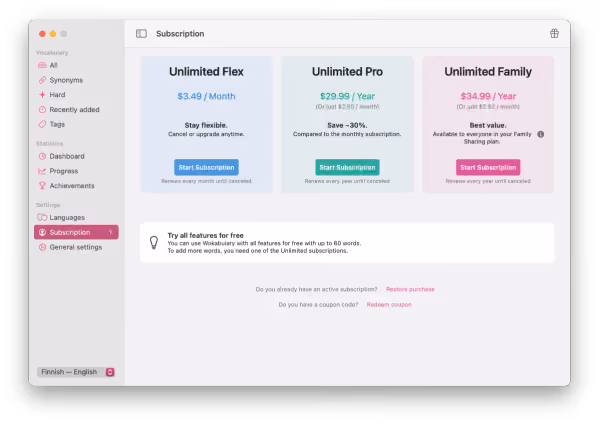 Capture d’écran de la page d’abonnement de Wokabulary pour Mac avec les options Unlimited Flex, Unlimited Pro et Unlimited Family.