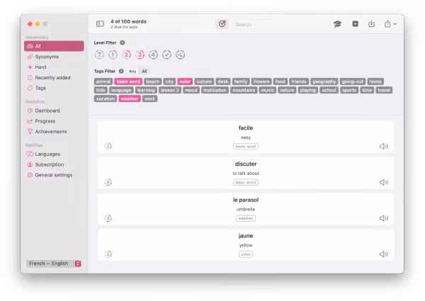 Screenshot der Wortlisten-Filter nach Lernstufe und Tags.