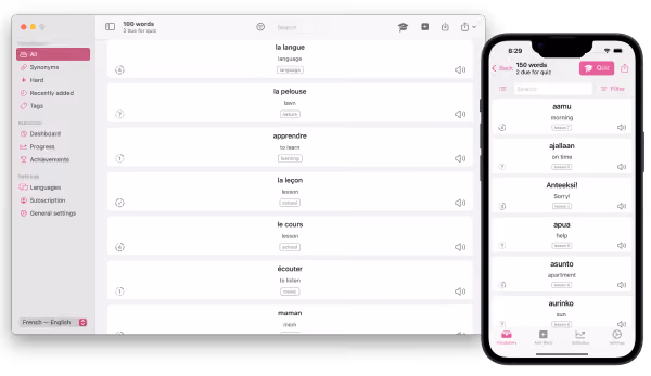Screenshots der Wortlisten in Wokabulary für Mac und iPhone
