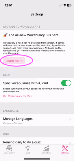 Screenshot of Wokabulary 5 on iPhone with a highlight on the Learn More button in the Settings.