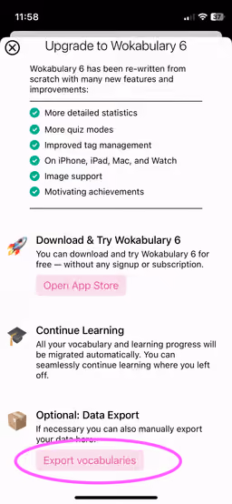 Screenshot of the migration info in Wokabulary 5 on iPhone with a highlight on the Export vocabularies button