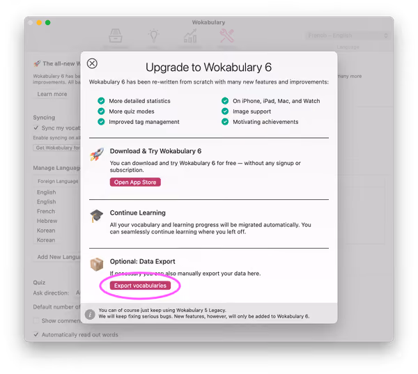 Screenshot of the migration info in Wokabulary 5 on macOS with a highlight on the Export vocabularies button