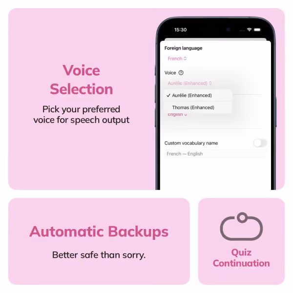 Bento-Diagramm der neuen Funktionen in Wokabulary 6.6. Hebt die neue Sprachauswahl-Einstellung und automatische Backups hervor