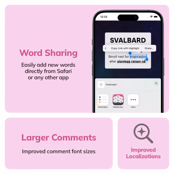 Bento-Diagramm der neuen Funktionen in Wokabulary 7.2. Hervorgehoben ist die neue Option, ein Wort aus anderen Apps mithilfe des Teilen-Menüs hinzuzufügen.