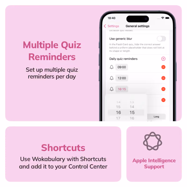 Bento-Diagramm der neuen Funktionen in Wokabulary 7.3. Hervorgehoben sind mehrere Quiz-Erinnerungen und Apple Intelligence-Unterstützung