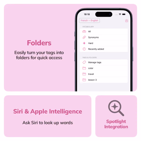Bento-Diagramm der neuen Funktionen in Wokabulary 7. Hervorgehoben werden Ordner und die Unterstützung für Siri und Spotlight