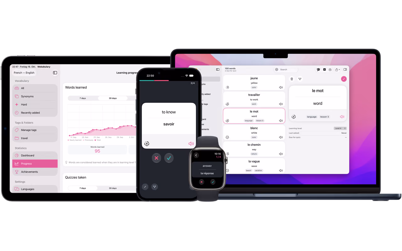 Wokabulary sur un iPhone, un iPad, un MacBook et une Apple Watch