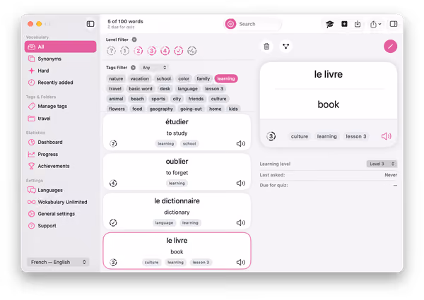 Capture d’écran de Wokabulary avec une liste de vocabulaire français