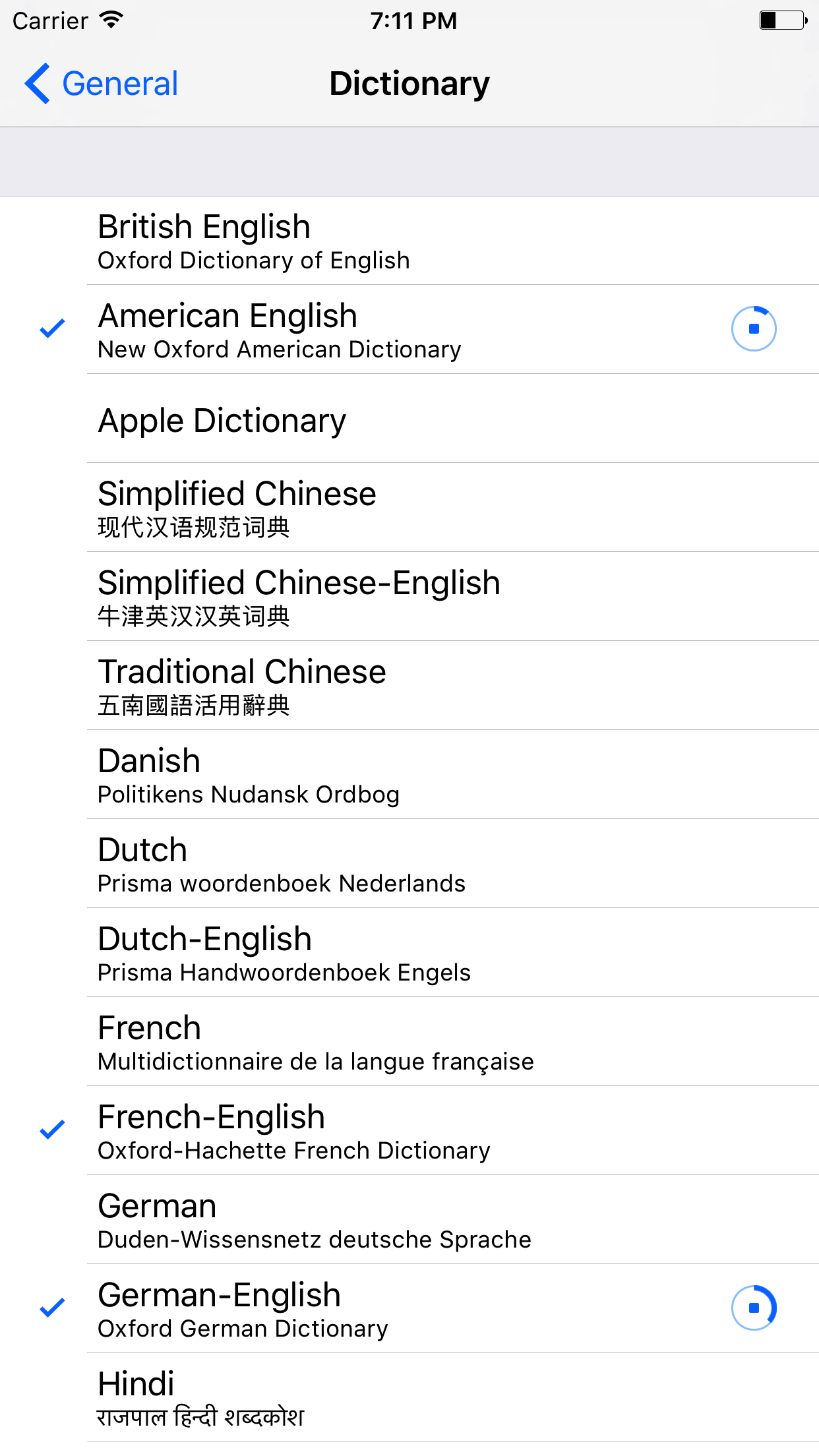 iOS Dictionary settings