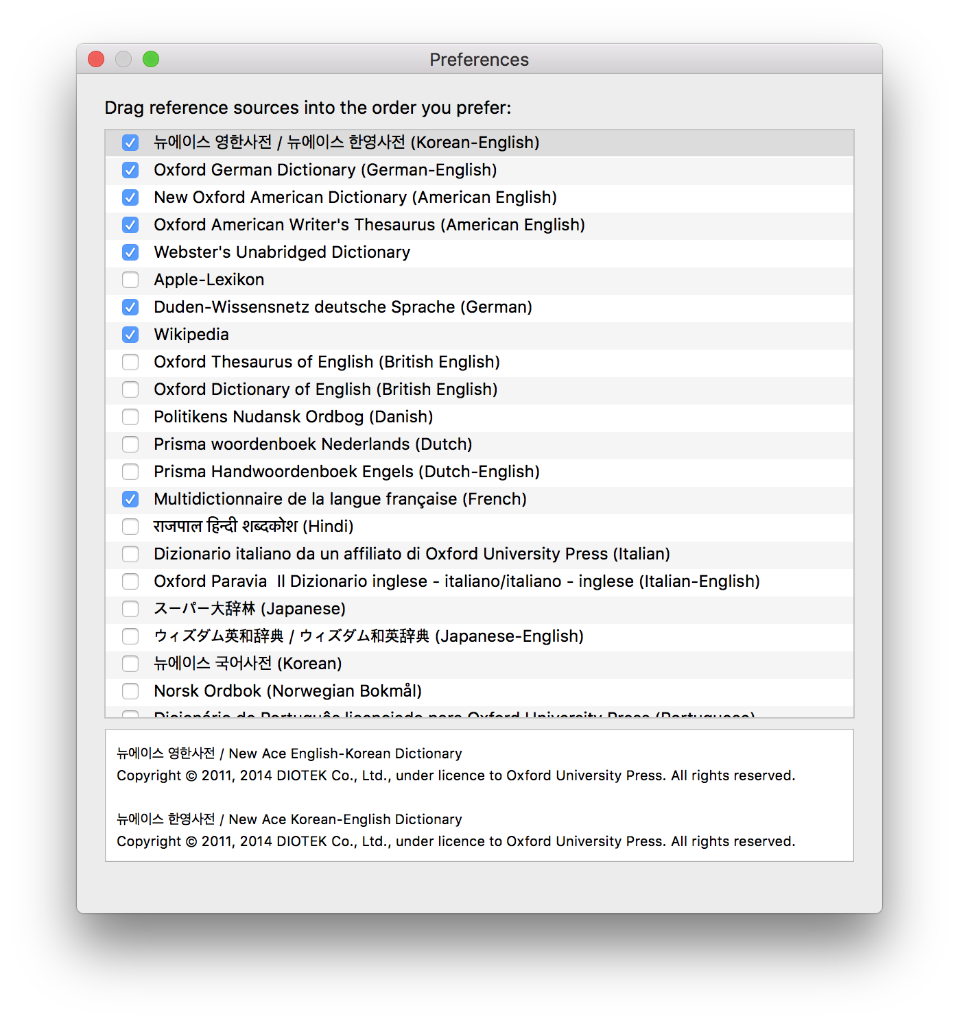 macOS Dictionary app language preferences