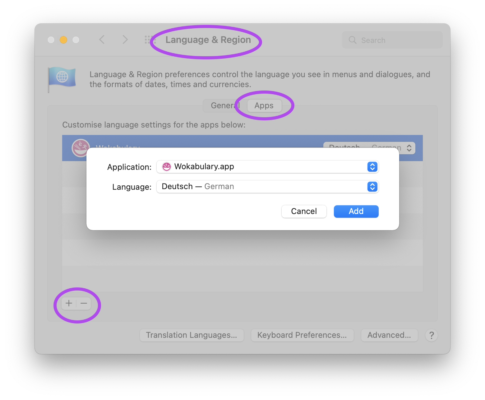 Adjust the language of an app on the Mac