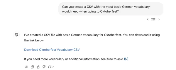 Screenshot of a ChatGPT conversation prompting it to generate a CSV file with vocabulary for going to the Oktoberfest.