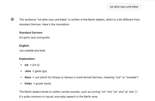 Screenshot of a ChatGPT conversation prompting it to translate a sentence in Berlin dialect