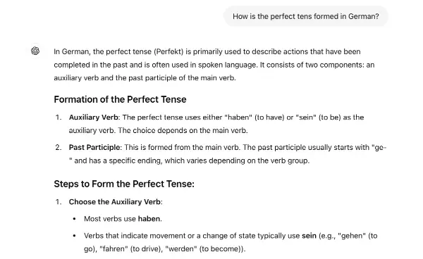 Screenshot of a ChatGPT conversation prompting it to explain the perfect tense in German