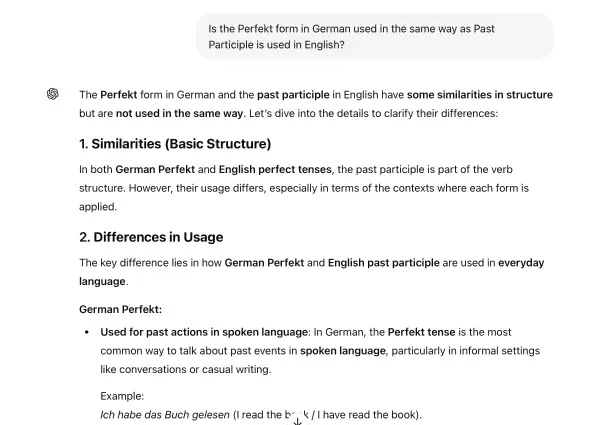 Screenshot of a ChatGPT conversation prompting it to compare German Perfekt to English Past Participle