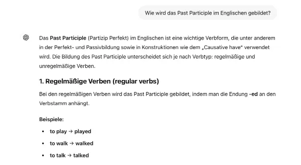 Screenshot eines ChatGPT-Gesprächs, das dazu auffordert, das Perfekt im Deutschen zu erklären