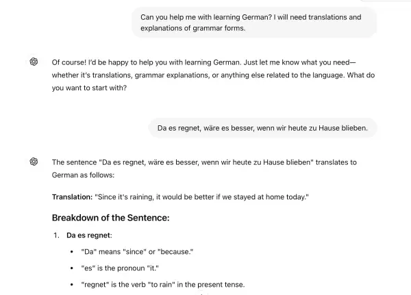 Screenshot of a ChatGPT conversation prompting it to act as a German teacher