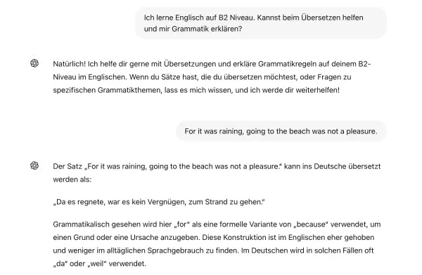 Screenshot eines ChatGPT-Gesprächs, das dazu auffordert, als Deutschlehrer zu agieren