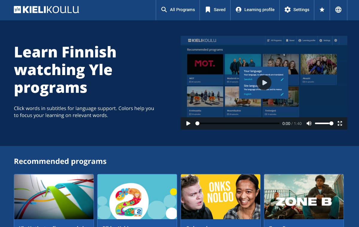 Screenshot of the Startpage of the platform kielikoulu that shows basic information and some videos.