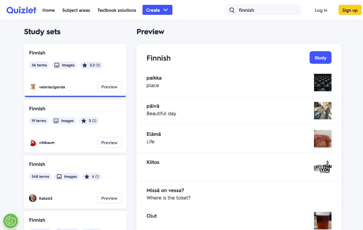 Screenshot of the website of Quizlet that shows several word lists with Finnish vocabulary
