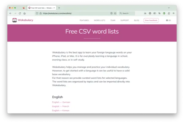 Screenshot of free CSV word list for multiple languages in Wokabulary