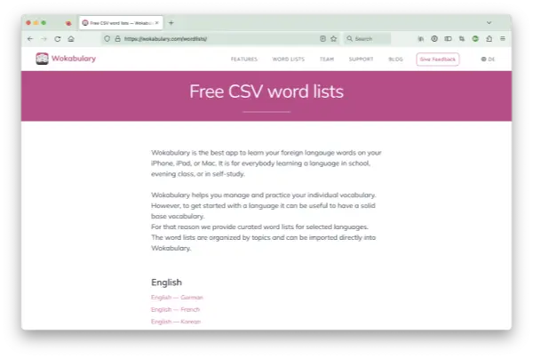 Screenshot der kostenlosen CSV-Wortliste für mehrere Sprachen in Wokabulary