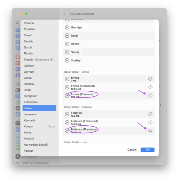 Screenshot of voice management for spoken content in macOS System Settings