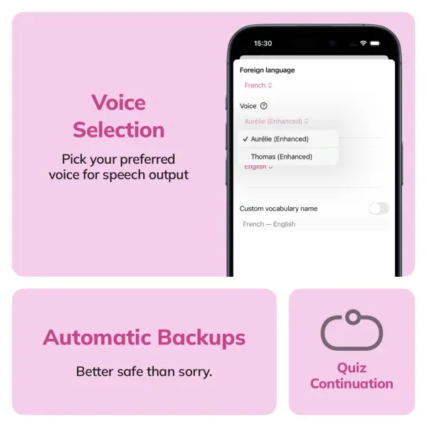 Bento chart of the new features in Wokabulary 6.6. Highlighting the new voice selection setting and automatic backups