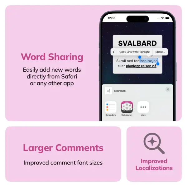 Bento chart of the new features in Wokabulary 7.2. Highlighting the new option to add a word from other apps using the share sheet