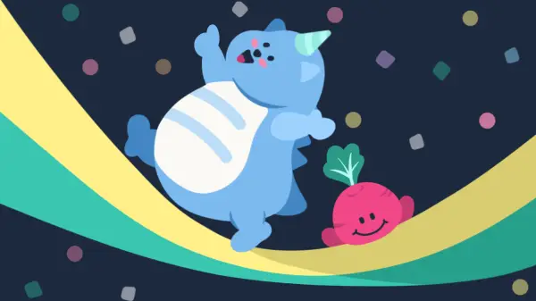 Illustration of a small Haetae and a small radish, running along a rainbow ribbon in front of a dark background with confetti, celebrating.