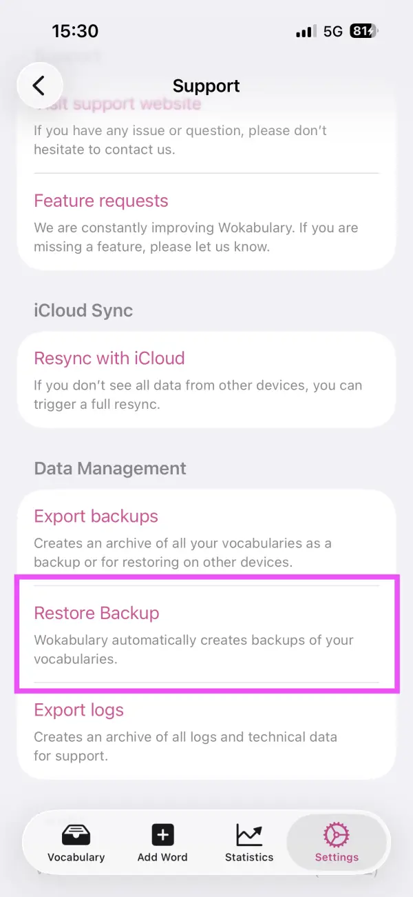 Screenshot of the iPhone support settings with a highlight on the backups restore button.