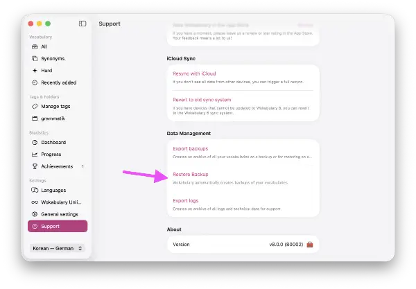 Screenshot of the Mac support settings with a highlight on the backups restore button.