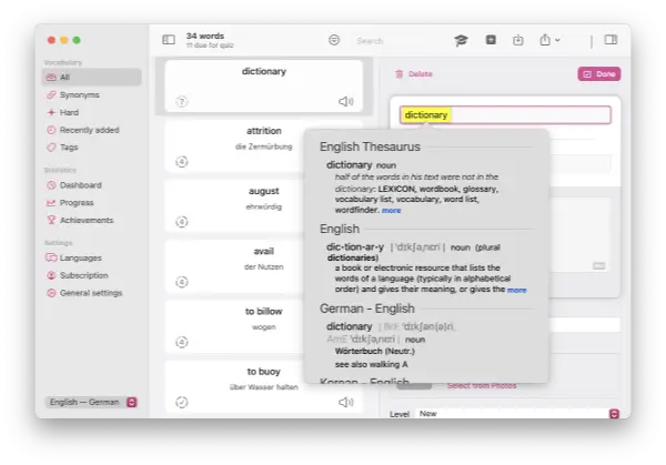 Screenshot of Wokabulary on the Mac, with the dictionary look up popover active.