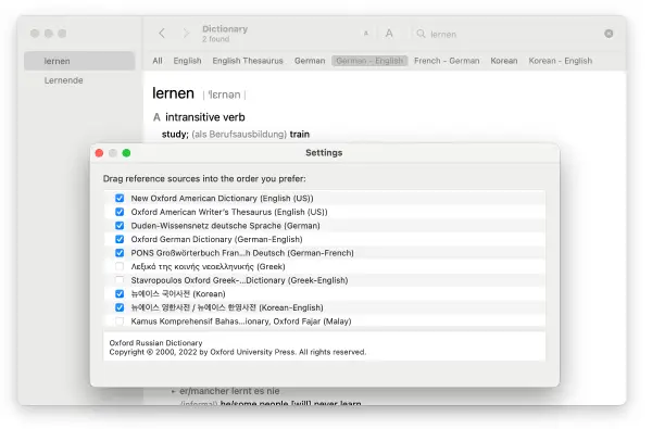 Screenshot of the macOS Dictionary app and its settings