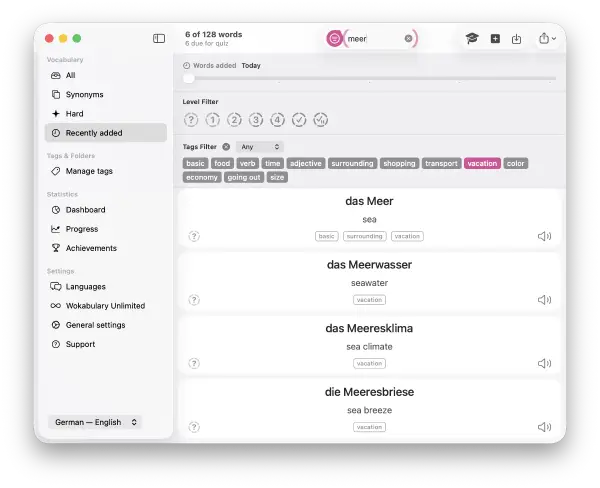 Screenshot of the recently added word list view with the filter for the tag 'vacation' applied.