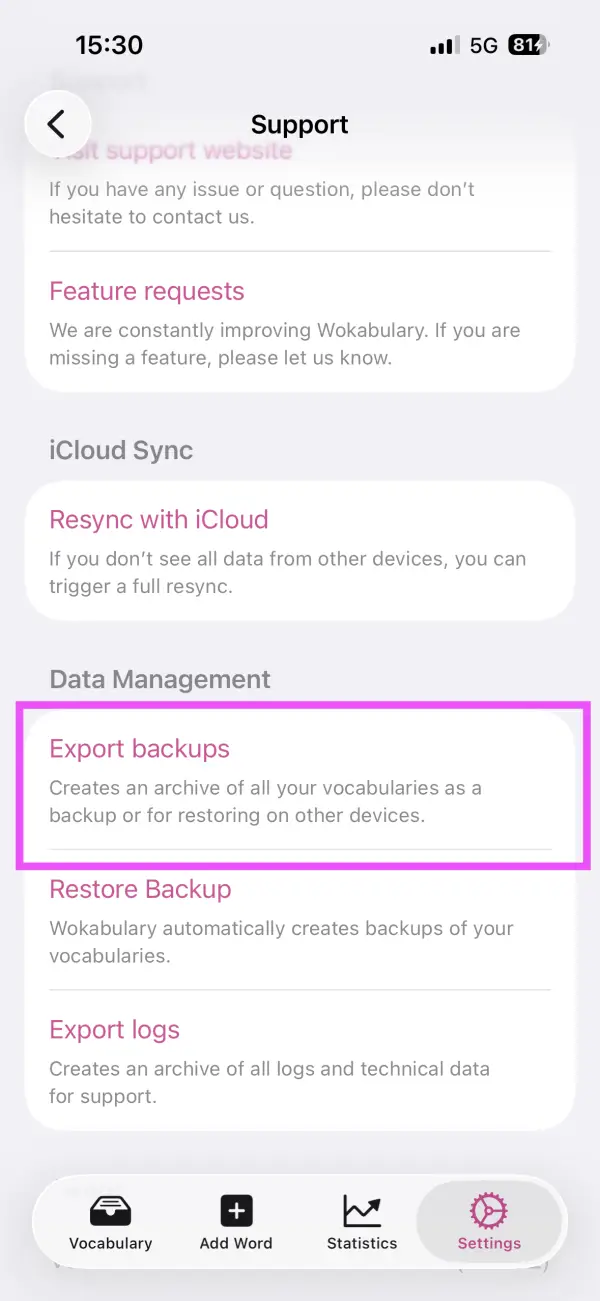 Screenshot of the iPhone support settings with a highlight on the full data export button.