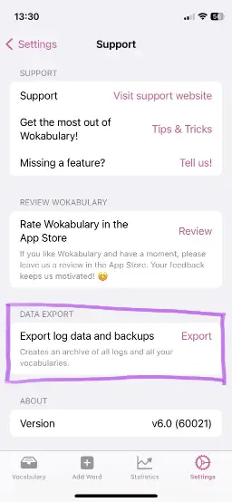 Screenshot of the iPhone support settings with a highlight on the full data export button.