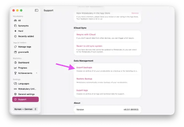 Screenshot of the Mac support settings with a highlight on the full data export button.