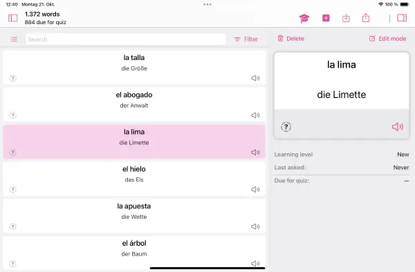 Screenshot of a German-Spanish vocabulary in Wokabulary showing nouns with articles.