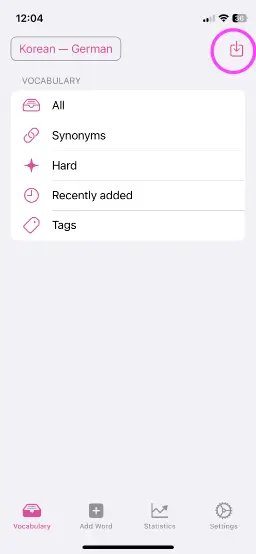 Screenshot of Wokabulary on iPhone with the Import button in the toolbar highlighted