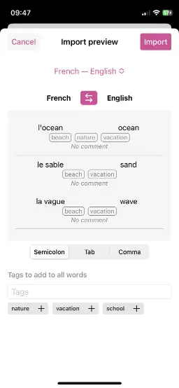 Screenshot of the words import preview view in Wokabulary