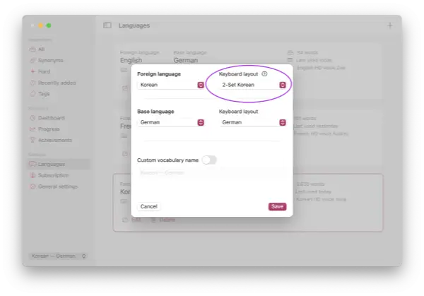 Screenshot of the language management in Wokabulary for Mac with a highlight on the keyboard layout selection.